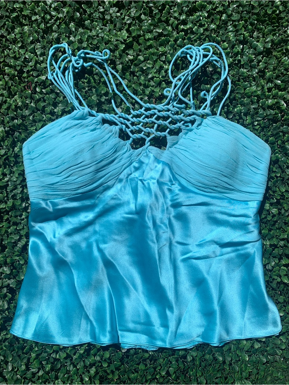 Gorgeous vintage Y2K Cache teal rolled silk chiffon & satin top Sz 4